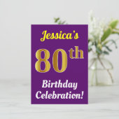 パープル・フェイクゴールド 80歳の誕生日お祝い + 名前 招待状 (スタンド正面)