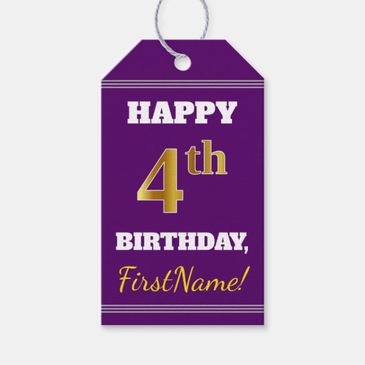 パープル、フェイク金ゴールド4歳の誕生日+名前をカスタムする ギフトタグ (正面)