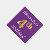 パープル、フェイク金ゴールド4歳の誕生日+名前をカスタムする スタンダードランチョンナプキン (角)