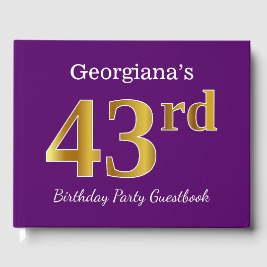 パープル、フェイク金ゴールド43rd誕生日パーティー;名前をカスタムする ゲストブック (正面)