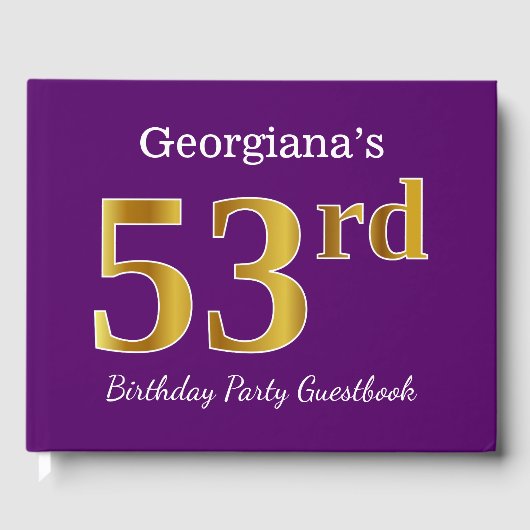 パープル、フェイク金ゴールド53rd誕生日パーティー;名前をカスタムする ゲストブック (正面)