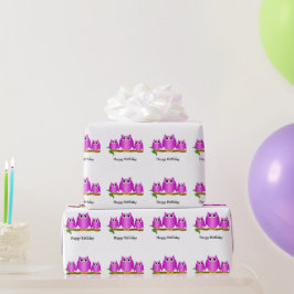 パープル+フクロウのデザインの誕生日ギフト ラッピングペーパー