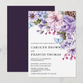 パープル フラワーの水彩 ウェディング 招待状