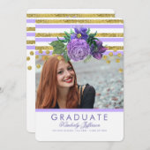 パープル フラワーズ アンド ゴールド ストライプス エレガント 卒業 招待状 (正面/裏面)