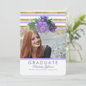 パープル フラワーズ アンド ゴールド ストライプス エレガント 卒業 招待状 (スタンド正面)