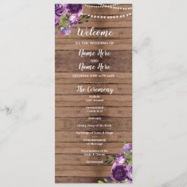 パープル フラワーズ ウェディング プログラム ウッド ラスティック フローラル