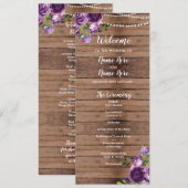 パープル フラワーズ ウェディング プログラム ウッド ラスティック フローラル (正面/裏面)