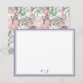 パープル フラワーズ ウォーターカラー スケッチ モノグラム ノートカード (正面/裏面)