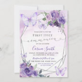 パープル フラワーバタフライ ガール ファースト ホーリー コミュニオン 招待状 (正面)