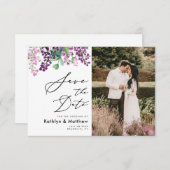 パープル フラワー ウォーターカラー スクリプト フォト ウェディング セーブザデート (正面/裏面)