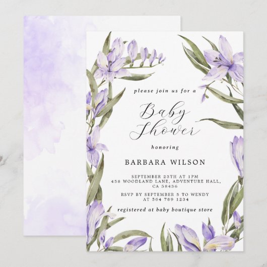 パープル フラワー グリーン ウォーターカラー ベイビー シャワー 招待状 (正面/裏面)