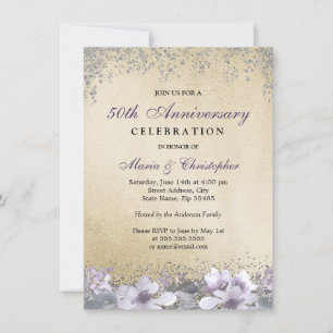 パープル フラワー ゴールド 50周年 結婚記念日 招待状