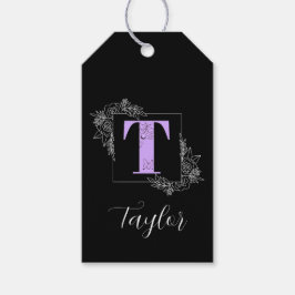 パープル フラワー バタフライ カスタム モノグラム - 文字 T ギフトタグ