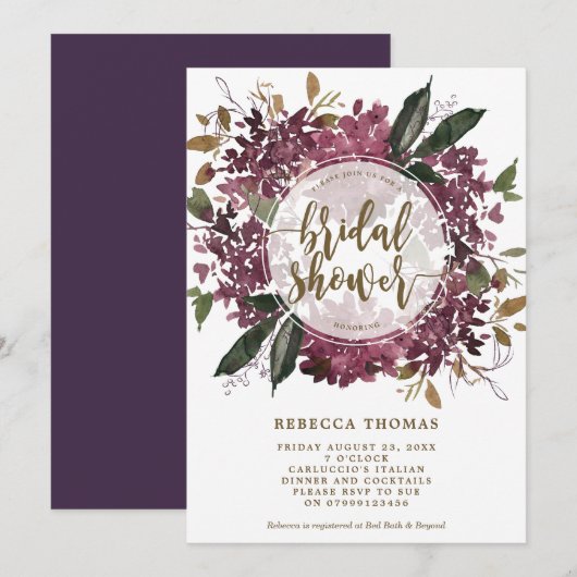 パープル フラワー ボタニカル ブライダル シャワー 招待状 (正面/裏面)