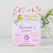 パープル フラワー レインボー ユニコーン 誕生日パーティー ガール 招待状 (スタンド正面)