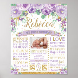 パープル フラワー 1歳 誕生日 マイルストーン 出生統計 ポスター