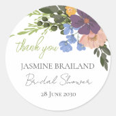 パープル フローラルとグリーン ブライダル シャワー サンクス ラウンドシール (正面)