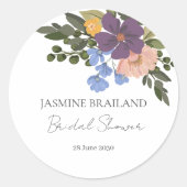 パープル フローラルとグリーン ブーケ ブライダル シャワー ラウンドシール (正面)