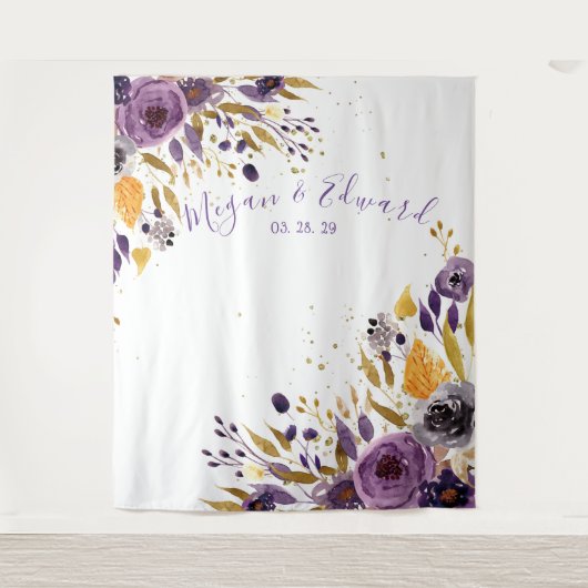 パープル フローラル ウェディング バックドロップ レセプション デコレーション タペストリー (正面)