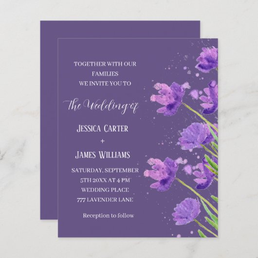 パープル フローラル ウォーターカラー エレガント シンプル ウェディング (正面/裏面)