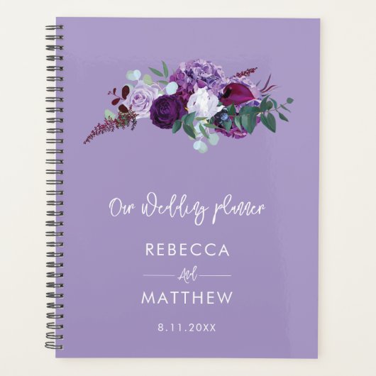 パープル フローラル ウォーターカラー スクリプト ウェディング カップル プランナー手帳 (正面)