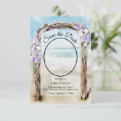 パープル フローラル ウォーターカラー ビーチ アーバー フォト ウェディング セーブザデート (スタンド正面)