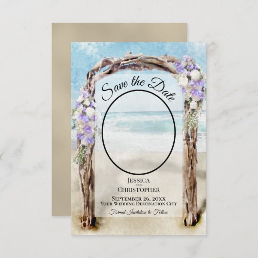 パープル フローラル ウォーターカラー ビーチ アーバー フォト ウェディング セーブザデート (正面/裏面)
