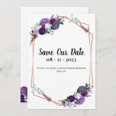パープル フローラル エレガント アナウンス セーブ ザ デート セーブザデート (正面/裏面)