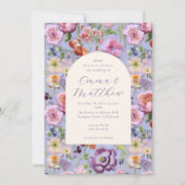 パープル フローラル エンブロイダリー マキシマリスト ウェディング 招待状 (正面)