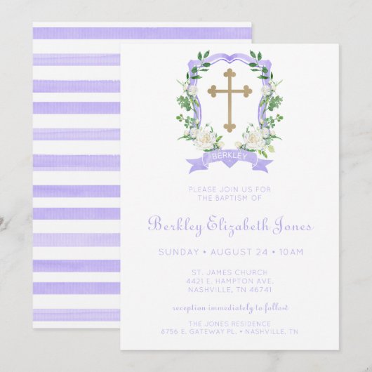 パープル フローラル クレスト 女の子 洗礼 招待状 (正面/裏面)