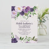 パープル フローラル グリッター 75歳の誕生日招待状 招待状 (スタンド正面)
