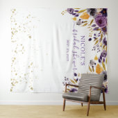 パープル フローラル ゴールドの結婚式前お祝い用背景 タペストリー (インサイチュ(横))