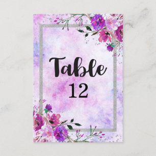 パープル フローラル & シルバーフレーム ウェディング テーブルナンバー