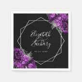 パープル フローラル シルバー ジオメトリック ブラック ウェディング スタンダードカクテルナプキン (正面)