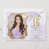パープル フローラル スウィート シックスティーン 16歳の誕生日写真 招待状 (正面)