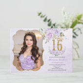 パープル フローラル スウィート シックスティーン 16歳の誕生日写真 招待状 (スタンド正面)