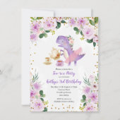 パープル フローラル ティーパーティー 恐竜 3歳の誕生日 招待状 (正面)