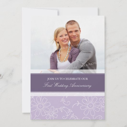 パープル フローラル フォト 1周年 招待状 (正面)