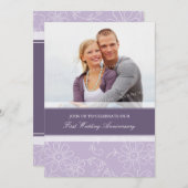 パープル フローラル フォト 1周年 招待状 (正面/裏面)