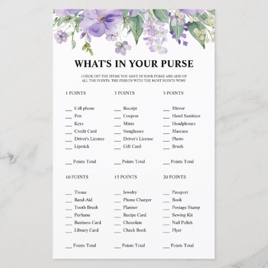 パープル フローラル ブライズシャワー　あなたの財布の中は？ (正面)