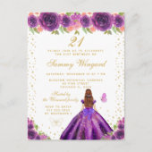 パープル フローラル ブラウン ヘア プリンセス バースデー パーティー ポストカード (正面)