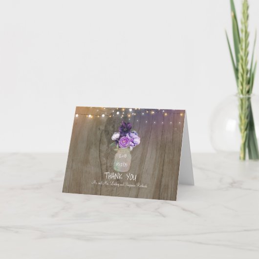 パープル フローラル メイソンジャー ラスティック ウェディング サンクス サンキューカード (正面)