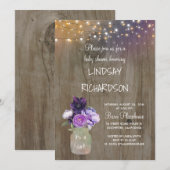 パープル フローラル メイソンジャー ラスティック バーン ベイビー シャワー 招待状 (正面/裏面)