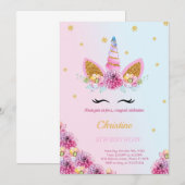 パープル フローラル ユニコーンの誕生日招待状 招待状 (正面/裏面)