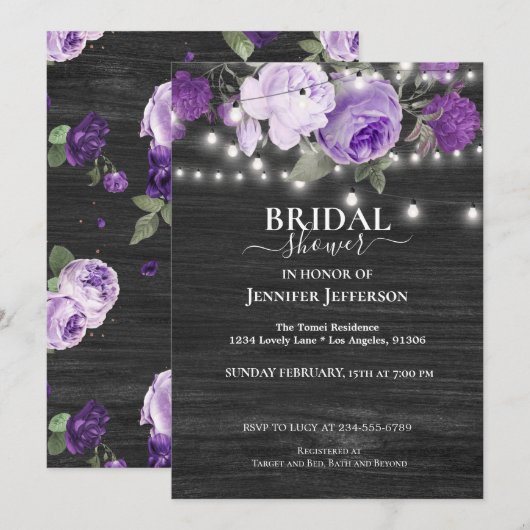 パープル フローラル ラスティック ブライダル シャワー 招待状 (正面/裏面)