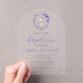 パープル フローラル リース シルバー クロス 洗礼 アクリル招待状