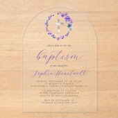 パープル フローラル リース シルバー クロス 洗礼 アクリル招待状 (正面)