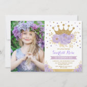パープル フローラル ロイヤル クラウン プリンセス 誕生日パーティー 招待状 (正面)