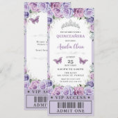 パープル フローラル ローズのキンセアニエラ スイート16 VIPチケット 招待状 (正面/裏面)