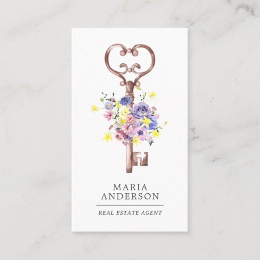 パープル フローラル ヴィンテージ キー 不動産エージェントの写真 名刺 (正面)
